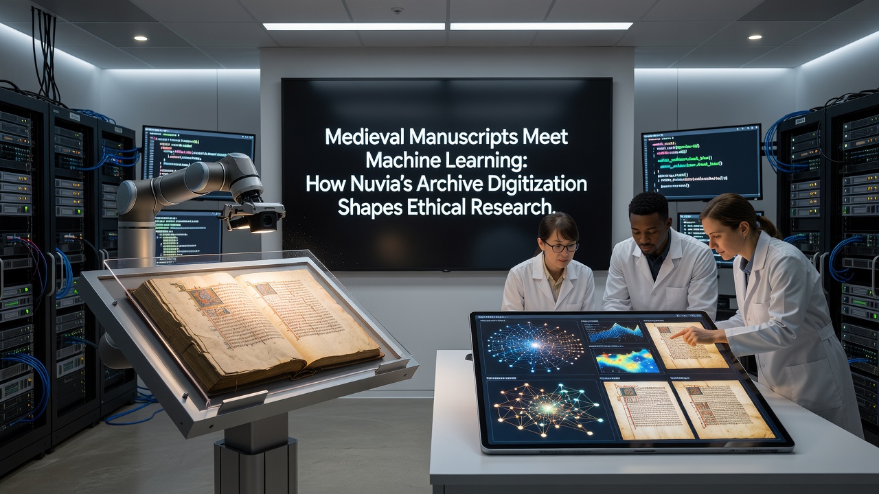Researchers reviewing machine learning output from digitized medieval manuscripts in a controlled archive setting